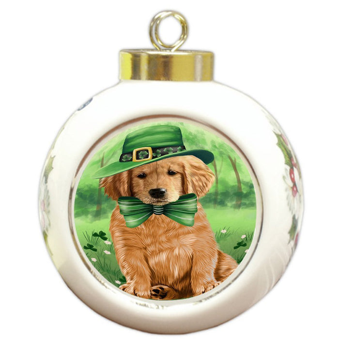 St. Patricks Day Irish Portrait Golden Retriever Dog Round Ball Christmas Ornament RBPOR48808