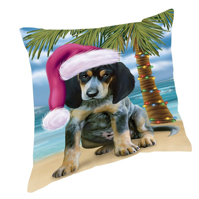 Summertime Happy Holidays Christmas Bluetick Coonhound Dog on Tropical Island Beach Throw Pillow