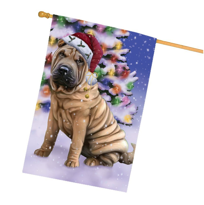 Winterland Wonderland Shar Pei Dog In Christmas Holiday Scenic Background House Flag