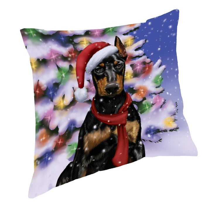 Winterland Wonderland Doberman Dog In Christmas Holiday Scenic Background Throw Pillow