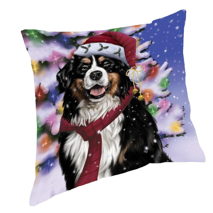 Winterland Wonderland Bernese Mountain Dog In Christmas Holiday Scenic Background Throw Pillow