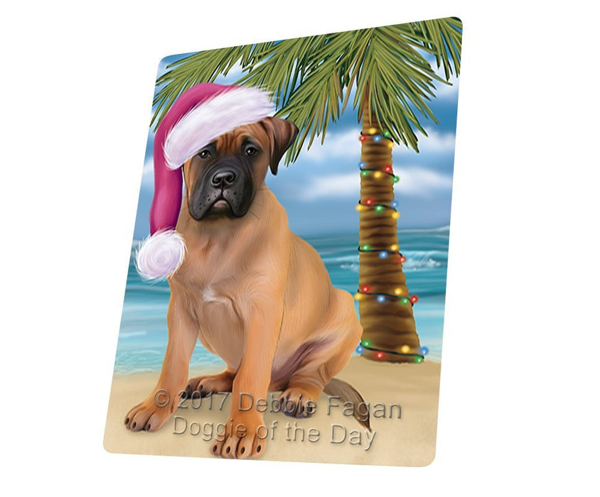 Summertime Happy Holidays Christmas Bull Mastiff Dog on Tropical Island Beach Tempered Cutting Board