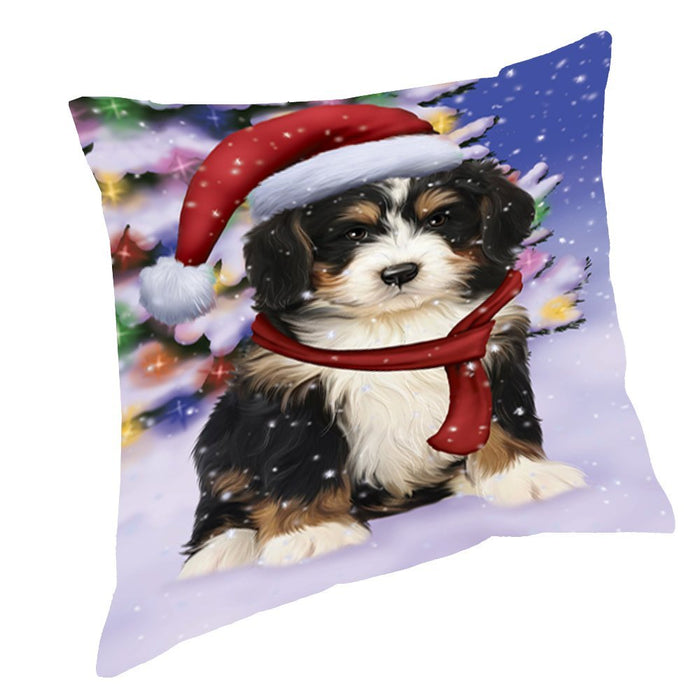 Winterland Wonderland Bernedoodle Puppy Dog In Christmas Holiday Scenic Background Throw Pillow