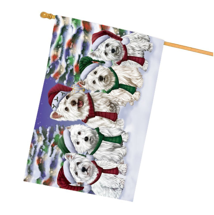 West Highland Terriers Dog Christmas Family Portrait in Holiday Scenic Background House Flag
