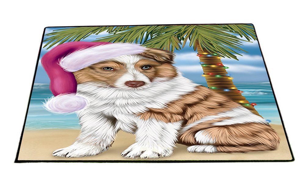 Summertime Happy Holidays Christmas Australian Shepherd Dog on Tropical Island Beach Indoor/Outdoor Floormat