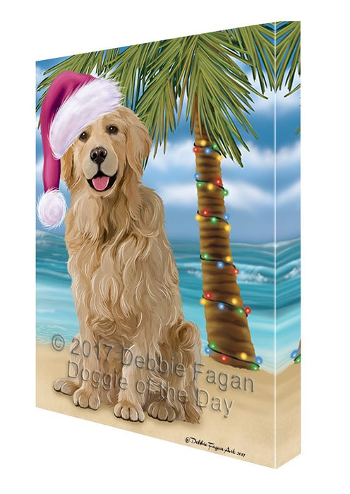 Summertime Happy Holidays Christmas Golden Retriever Dog on Tropical Island Beach Canvas Wall Art D111