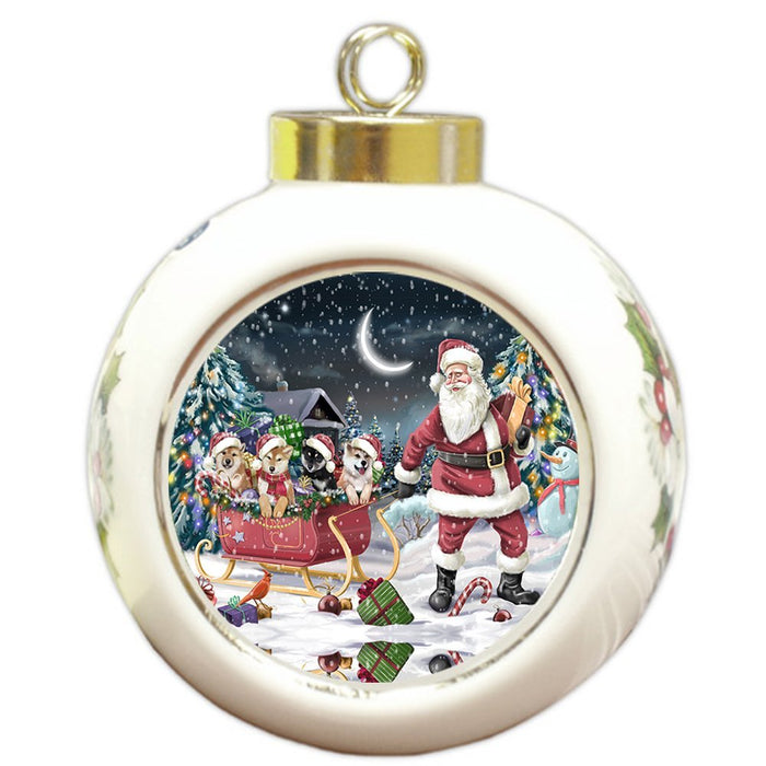 Santa Sled Dogs Shiba Inu Christmas Round Ball Ornament POR971