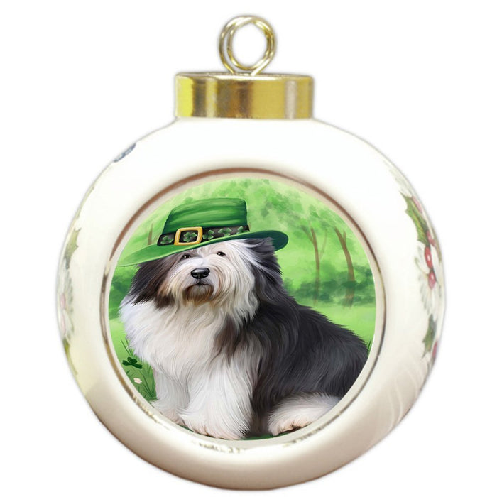 St. Patricks Day Irish Portrait Old English Sheepdog Round Ball Christmas Ornament RBPOR48840