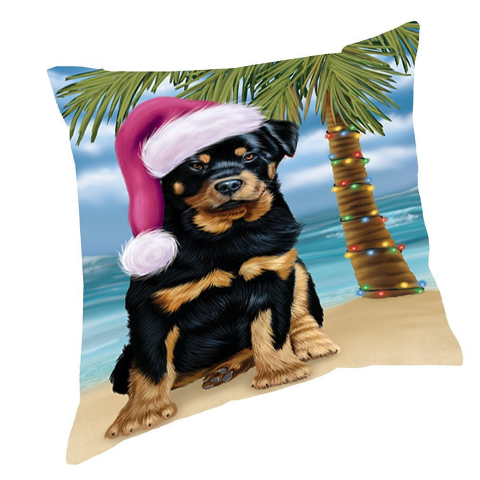 Summertime Happy Holidays Christmas Rottwielers Dog on Tropical Island Beach Throw Pillow