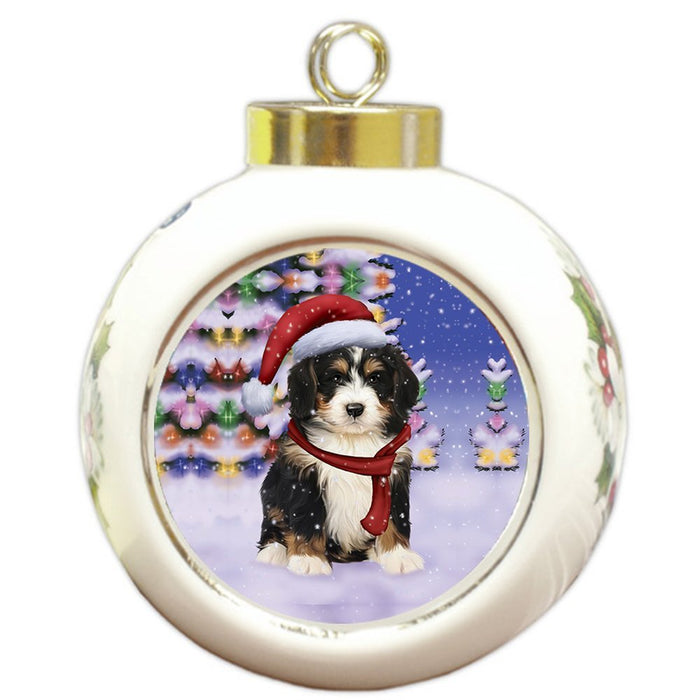 Winterland Wonderland Bernedoodle Puppy Dog In Christmas Holiday Scenic Background Round Ball Ornament
