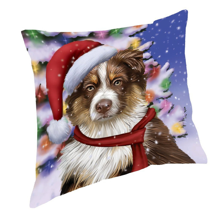 Winterland Wonderland Australian Shepherds Dog In Christmas Holiday Scenic Background Throw Pillow