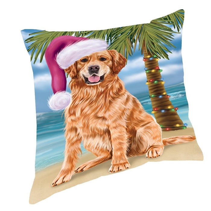 Summertime Happy Holidays Christmas Golden Retrievers Dog on Tropical Island Beach Throw Pillow