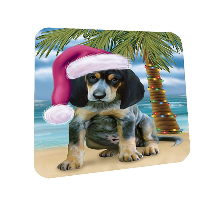 Summertime Happy Holidays Christmas Bluetick Coonhound Dog on Tropical Island Beach Coasters Set of 4