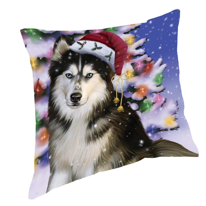 Winterland Wonderland Siberian Huskies Dog In Christmas Holiday Scenic Background Throw Pillow