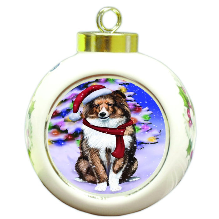 Winterland Wonderland Shetland Dog In Christmas Holiday Scenic Background Round Ball Ornament D587