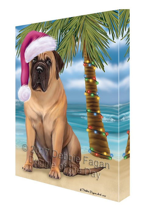 Summertime Happy Holidays Christmas Bull Mastiff Dog on Tropical Island Beach Canvas Wall Art