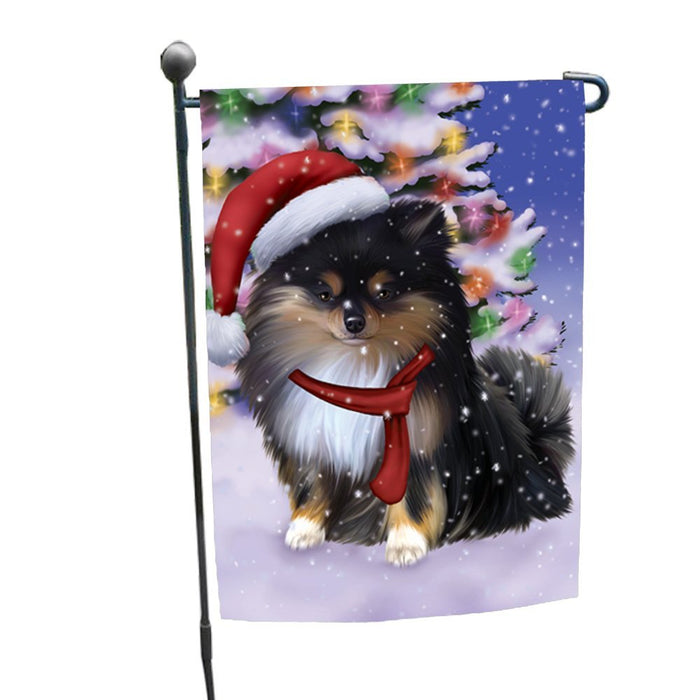 Winterland Wonderland Pomeranians Puppy Dog In Christmas Holiday Scenic Background Garden Flag