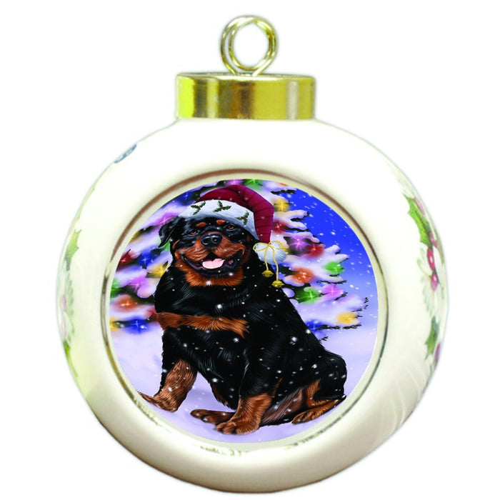 Winterland Wonderland Rottweiler Dog In Christmas Holiday Scenic Background Round Ball Ornament D582