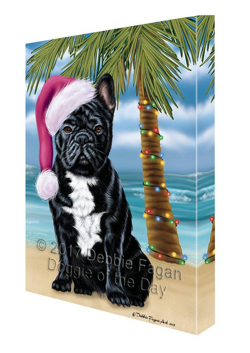Summertime Happy Holidays Christmas French Bulldogs Dog on Tropical Island Beach Canvas Wall Art