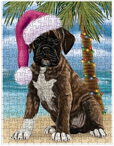 Summertime Happy Holidays Christmas Boxers Dog on Tropical Island Beach Puzzle with Photo Tin