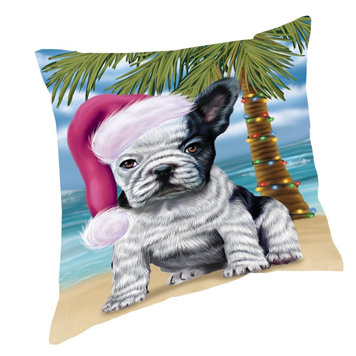 Summertime Happy Holidays Christmas French Bulldogs Dog on Tropical Island Beach Throw Pillow