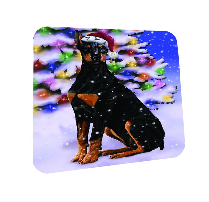 Winterland Wonderland Doberman Dog In Christmas Holiday Scenic Background Coasters Set of 4