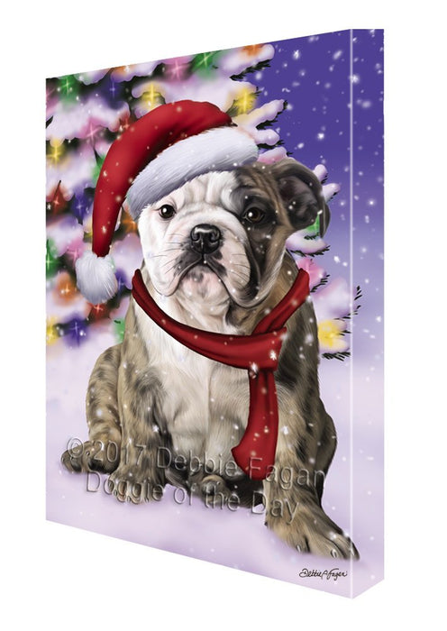 Winterland Wonderland Bulls Puppy Dog In Christmas Holiday Scenic Background Painting Printed on Canvas Wall Art