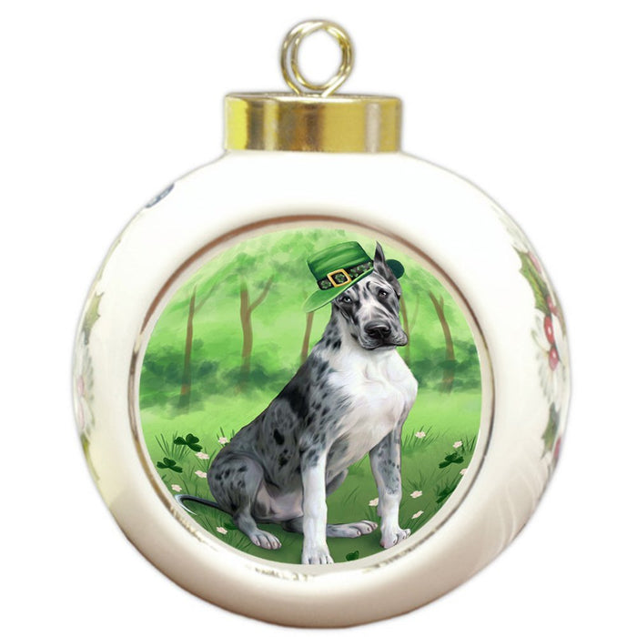 St. Patricks Day Irish Portrait Great Dane Dog Round Ball Christmas Ornament RBPOR48809