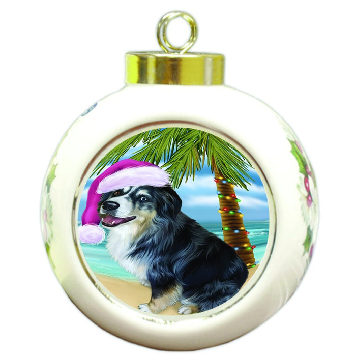 Summertime Happy Holidays Christmas Australian Shepherd Dog on Tropical Island Beach Round Ball Ornament D488