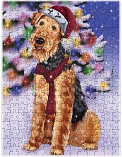 Winterland Wonderland Airedales Dog In Christmas Holiday Scenic Background Puzzle with Photo Tin