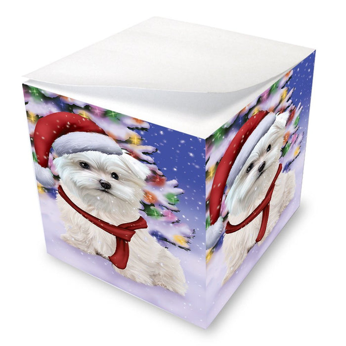 Winterland Wonderland Maltese Puppy Dog In Christmas Holiday Scenic Background Note Cube D596