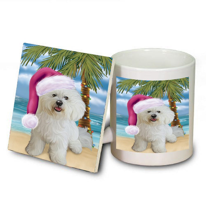 Summertime Happy Holidays Christmas Bichon Frise Dog on Tropical Island Beach Mug and Coaster Set