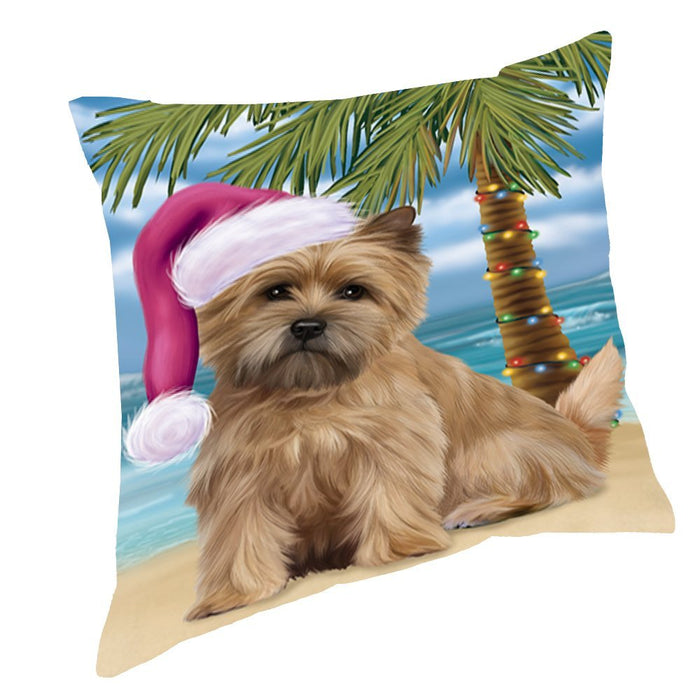 Summertime Happy Holidays Christmas Cairn Terrier Dog on Tropical Island Beach Throw Pillow