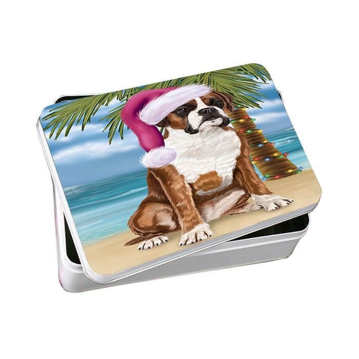 Summertime Happy Holidays Christmas Boxers Dog on Tropical Island Beach Photo Storage Tin