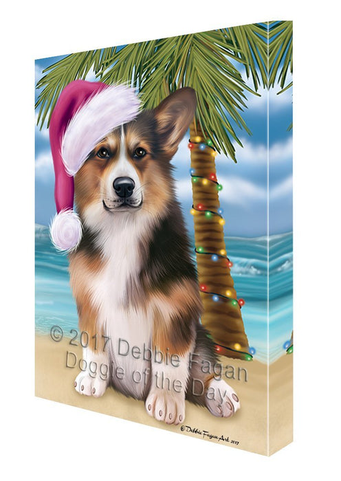Summertime Happy Holidays Christmas Welsh Corgi Dog on Tropical Island Beach Canvas Wall Art D125