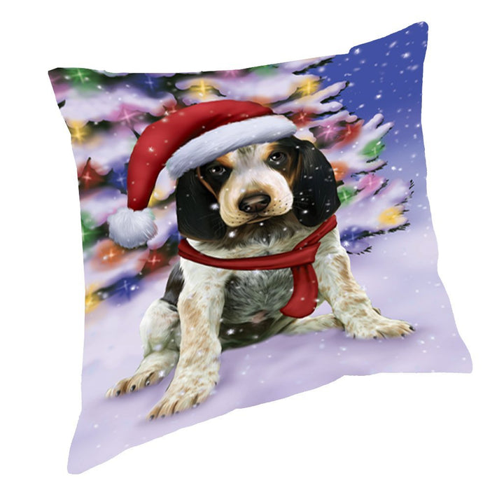 Winterland Wonderland Bluetick Coonhound Puppy Dog In Christmas Holiday Scenic Background Throw Pillow