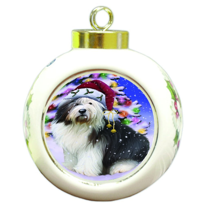 Winterland Wonderland Old English Sheepdog Dog In Christmas Holiday Scenic Background Round Ball Ornament D593