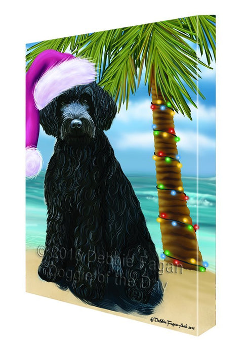 Summertime Happy Holidays Christmas Barbets Dog on Tropical Island Beach Canvas Wall Art