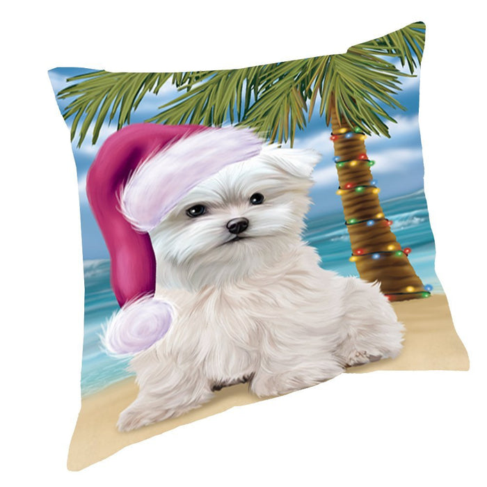 Summertime Happy Holidays Christmas Maltese Dog on Tropical Island Beach Throw Pillow