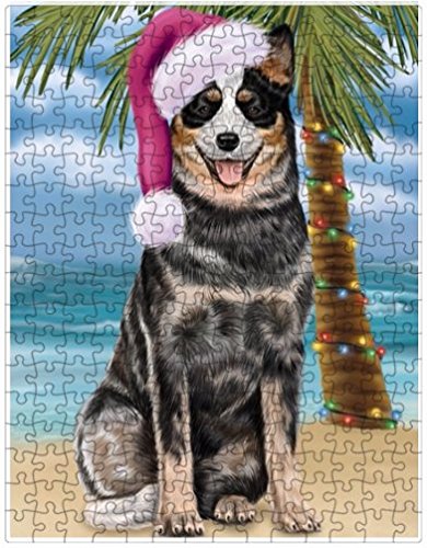 Summertime Happy Holidays Christmas Australian Cattle Dog Dog on Tropical Island Beach Puzzle with Photo Tin