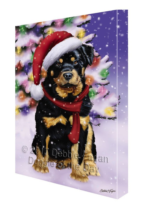 Winterland Wonderland Rottweiler Puppy Dog In Christmas Holiday Scenic Background Painting Printed on Canvas Wall Art