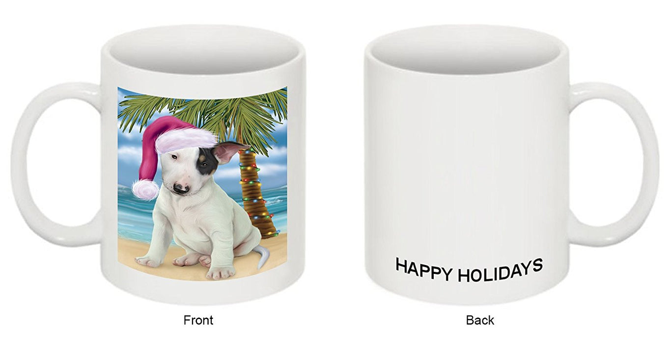 Summertime Happy Holidays Christmas Bull Terrier Dog on Tropical Island Beach Mug