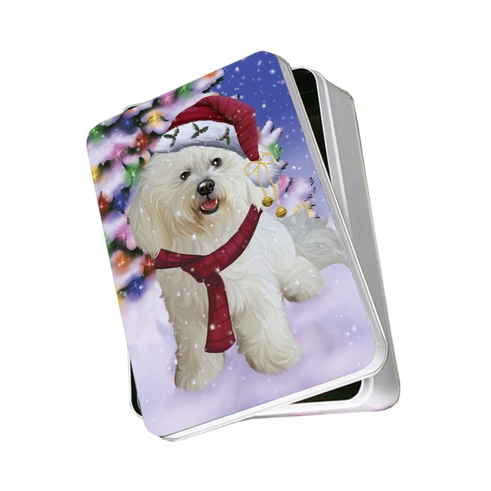 Winterland Wonderland Bichon Dog In Christmas Holiday Scenic Background Photo Storage Tin