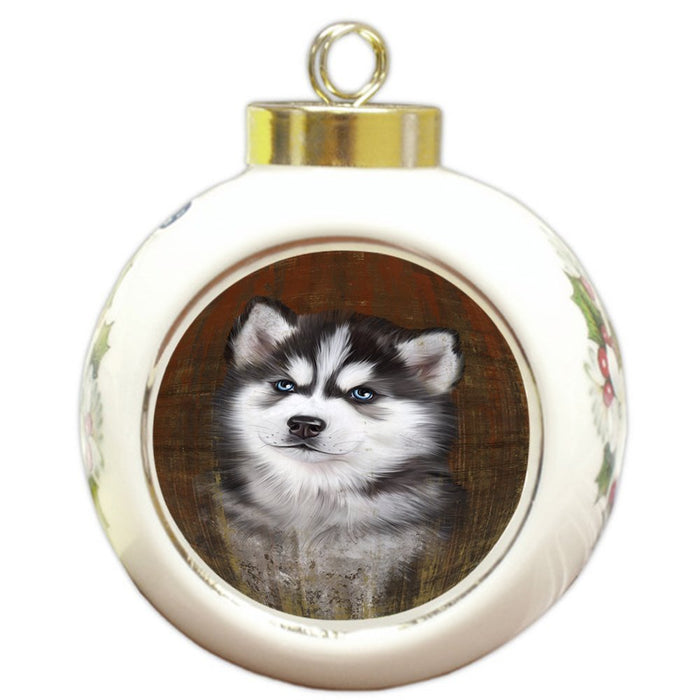 Rustic Siberian Husky Dog Round Ball Christmas Ornament RBPOR48263