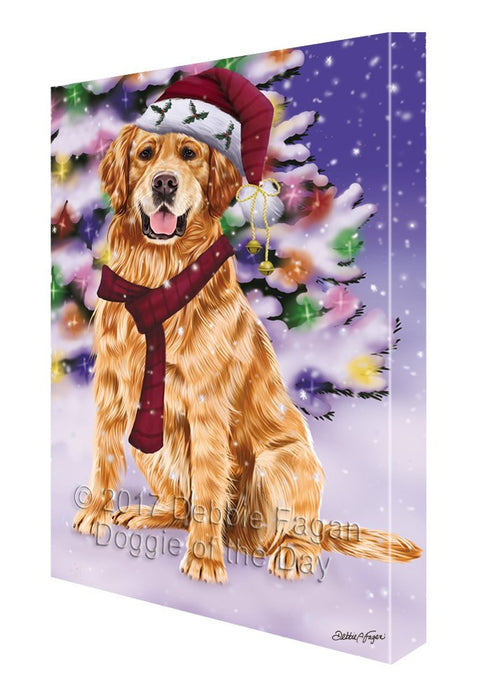 Winterland Wonderland Golden Retrievers Adult Dog In Christmas Holiday Scenic Background Painting Printed on Canvas Wall Art