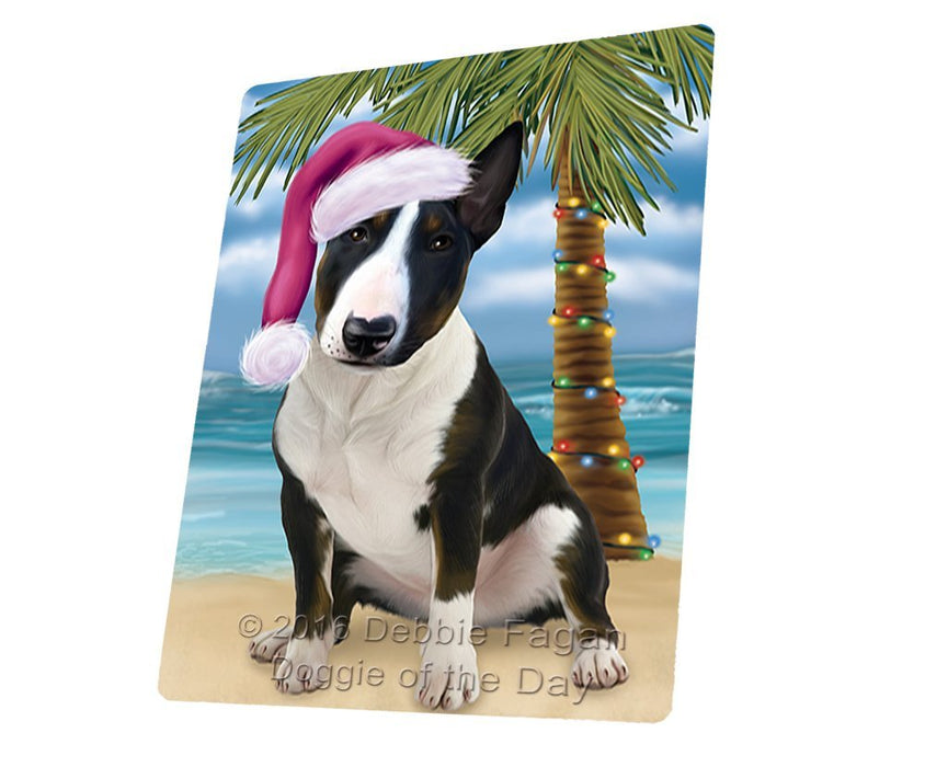 Summertime Happy Holidays Christmas Bull Terrier Dog on Tropical Island Beach Tempered Cutting Board