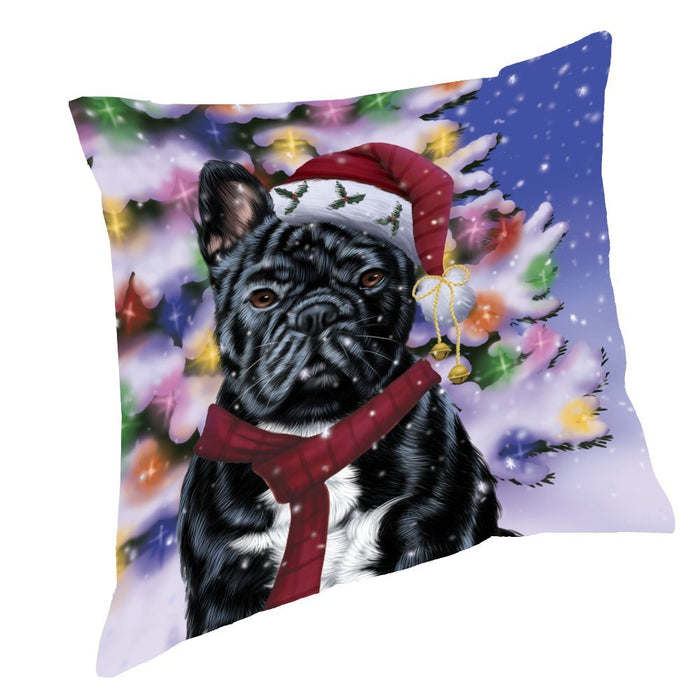 Winterland Wonderland French Bulldogs Dog In Christmas Holiday Scenic Background Throw Pillow