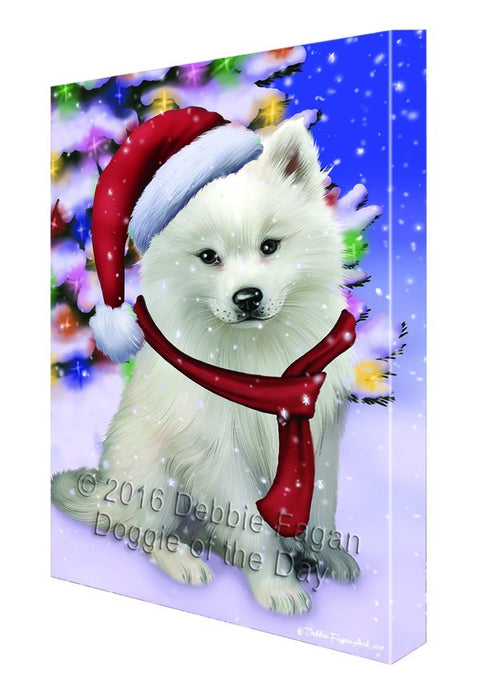 Winterland Wonderland American Eskimo Dog In Christmas Holiday Scenic Background Canvas Wall Art