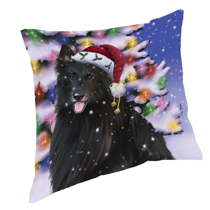 Winterland Wonderland Belgian Shepherds Dog In Christmas Holiday Scenic Background Throw Pillow