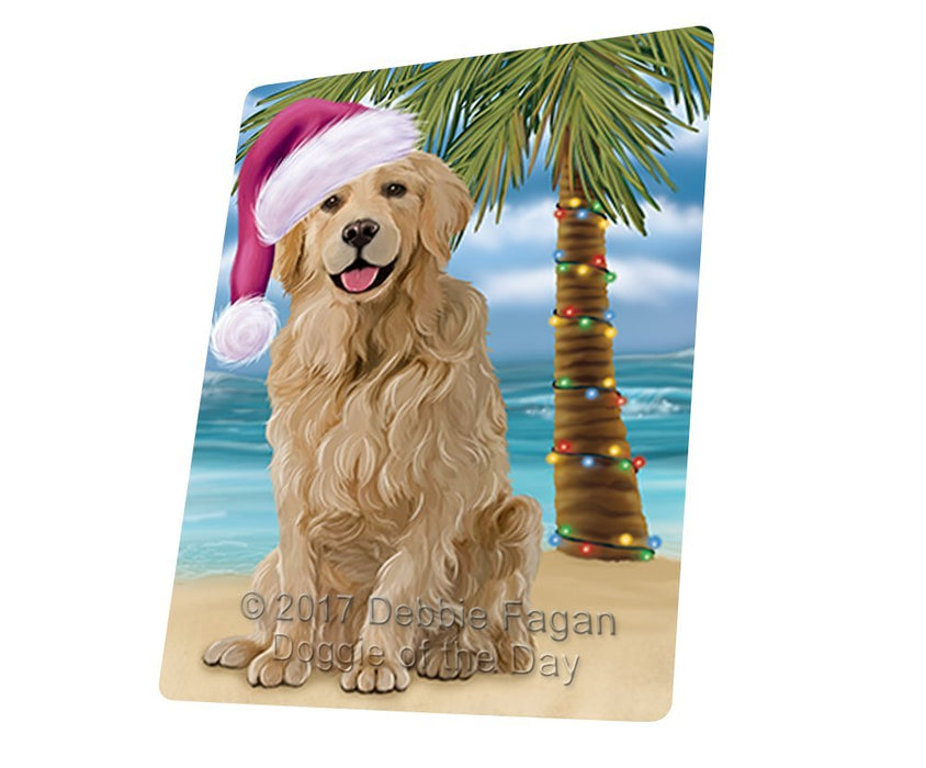 Summertime Happy Holidays Christmas Golden Retriever Dog on Tropical Island Beach Tempered Cutting Board D129